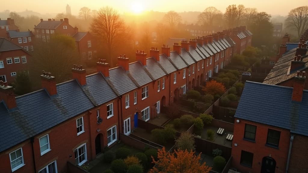 Aerial view of red-brick London Victorian terraced rooftops at golden hour, with small rear extensions visible